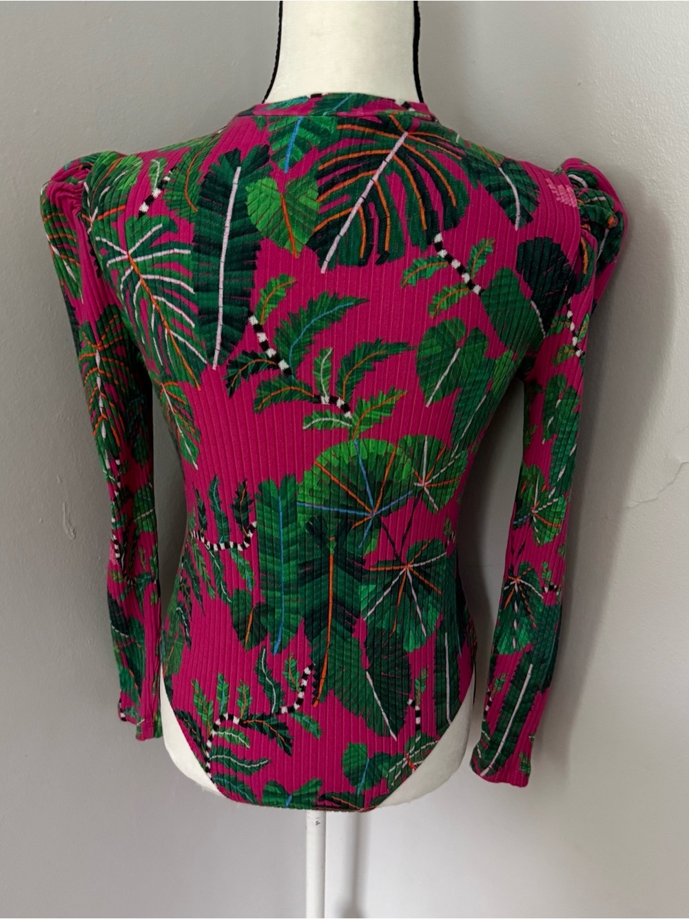 Pink Leaves Ribbed Long Sleeve Bodysuit by Farm Rio Medium - Picture 4 of 10